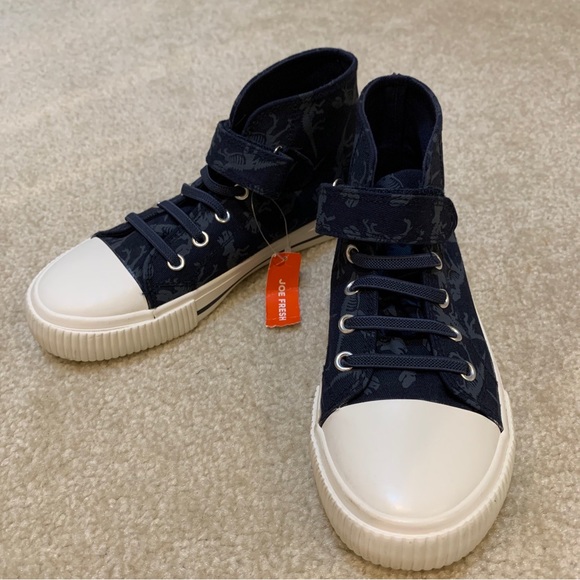 Joe Fresh Blue White High Top Sneakers Kids Size 1 Dinosaurs Print Strap NEW - Picture 7 of 14